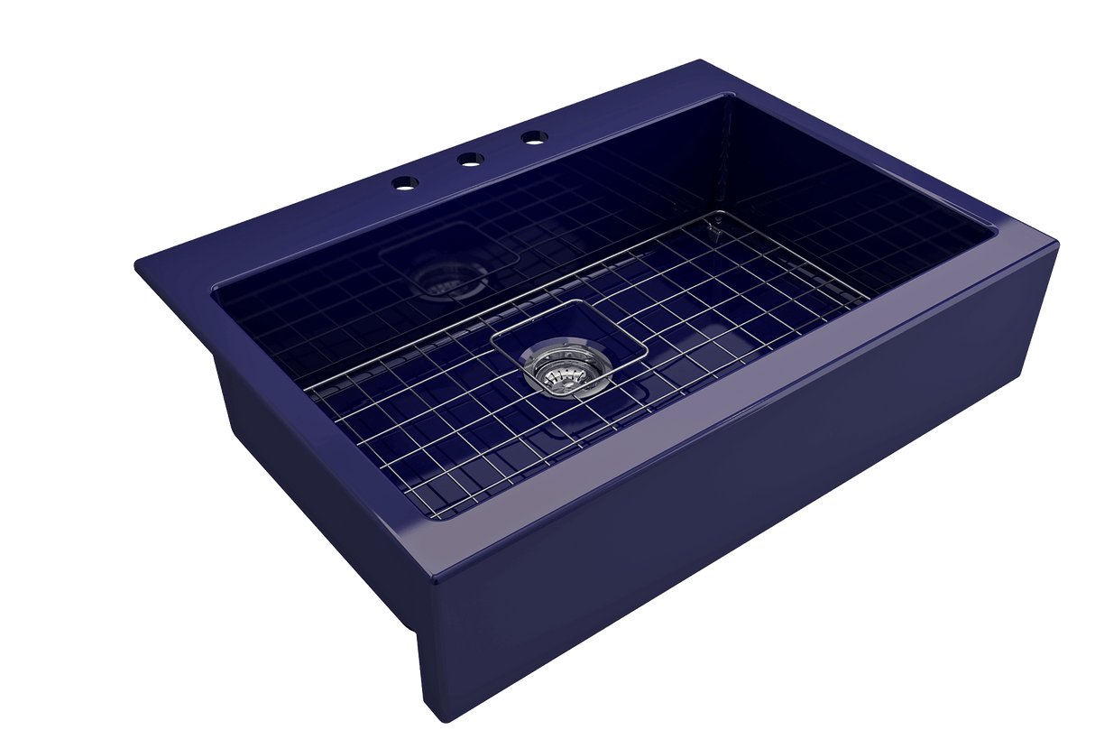 BOCCHI 1500-010-0127 Nuova Apron Front Drop-In Fireclay 34 in. Single Bowl Kitchen Sink with Protective Bottom Grid and Strainer in Sapphire Blue