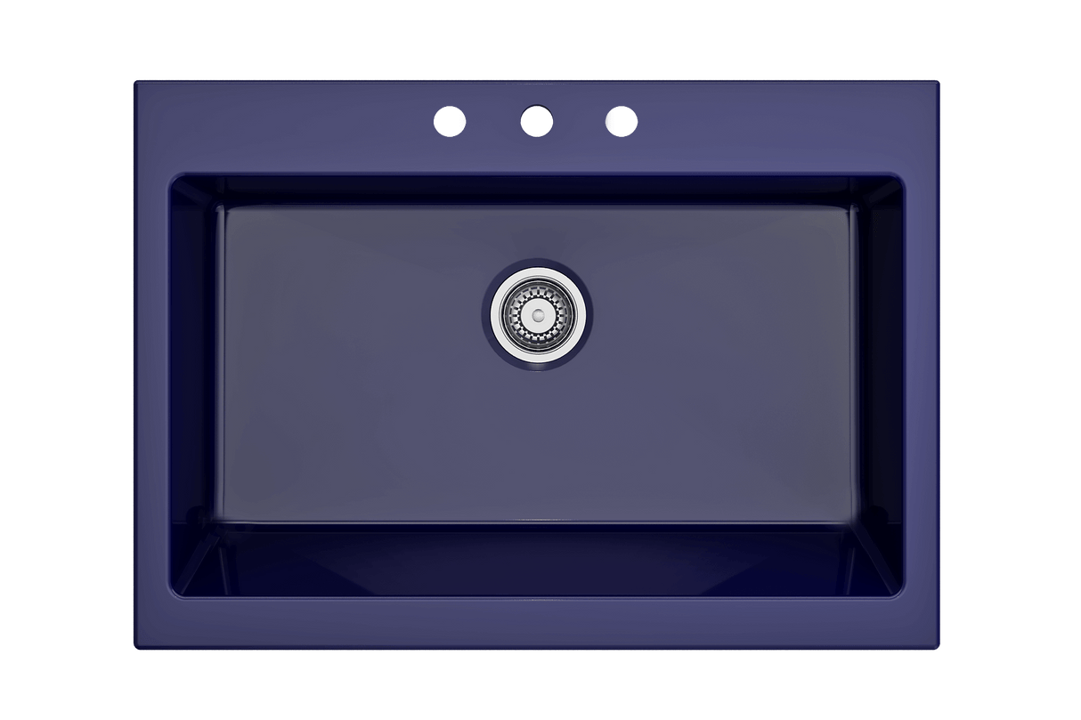 BOCCHI 1500-010-0127 Nuova Apron Front Drop-In Fireclay 34 in. Single Bowl Kitchen Sink with Protective Bottom Grid and Strainer in Sapphire Blue
