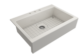 BOCCHI 1500-014-0127 Nuova Apron Front Drop-In Fireclay 34 in. Single Bowl Kitchen Sink with Protective Bottom Grid and Strainer in Biscuit