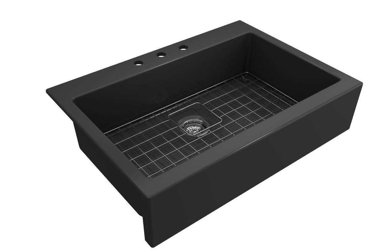 BOCCHI 1500-020-0127 Nuova Apron Front Drop-In Fireclay 34 in. Single Bowl Kitchen Sink with Protective Bottom Grid and Strainer in Matte Dark Gray