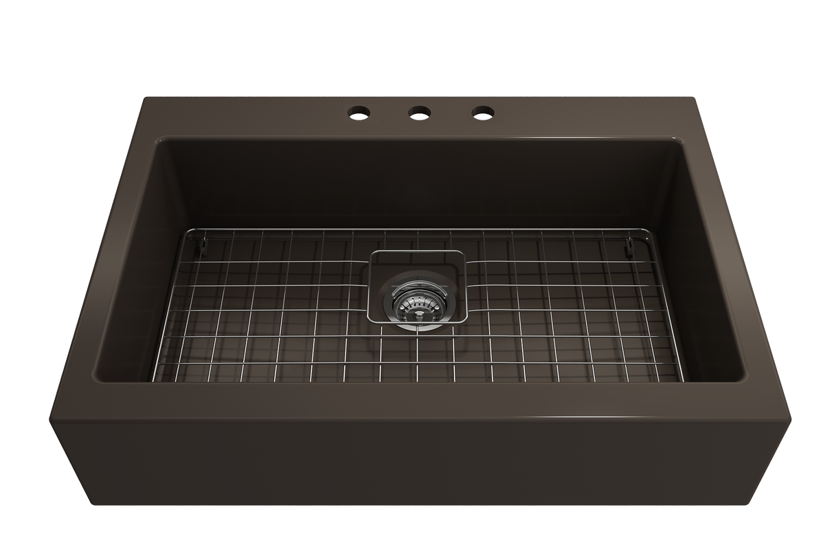 BOCCHI 1500-025-0127 Nuova Apron Front Drop-In Fireclay 34 in. Single Bowl Kitchen Sink with Protective Bottom Grid and Strainer in Matte Brown