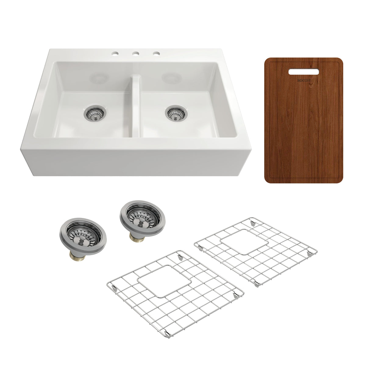 BOCCHI 1501-001-KIT1 Kit: 1501 Nuova Apron Front Drop-In Fireclay 34 in. 50/50 Double Bowl Kitchen Sink with Protective Bottom Grids and Strainers & Cutting Board