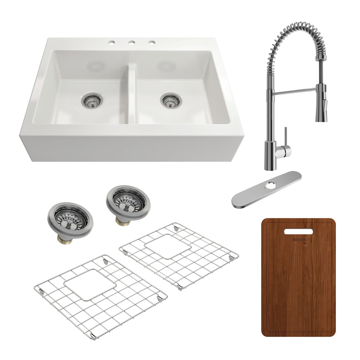 BOCCHI 1501-001-2020CH Kit: 1501 Nuova Apron Front Drop-In Fireclay 34 in. 50/50 Double Bowl Kitchen Sink with Protective Bottom Grids and Strainers & Cutting Board w/ Livenza 2.0 Faucet