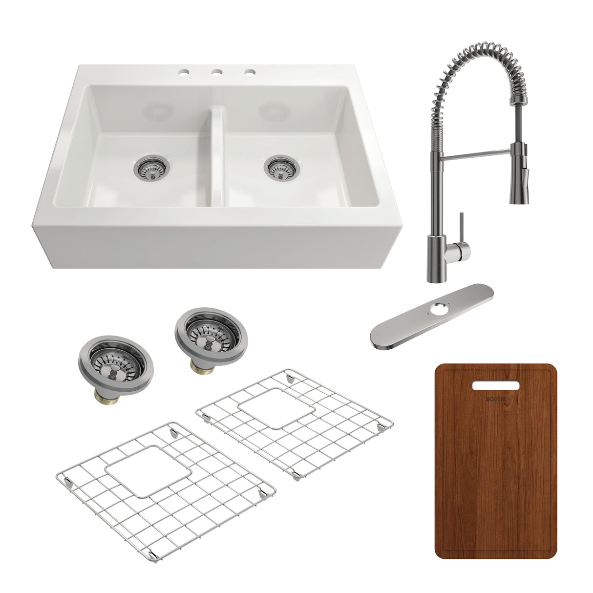 BOCCHI 1501-001-2020SS Kit: 1501 Nuova Apron Front Drop-In Fireclay 34 in. 50/50 Double Bowl Kitchen Sink with Protective Bottom Grids and Strainers & Cutting Board w/ Livenza 2.0 Faucet