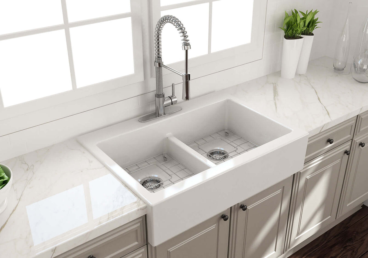 BOCCHI 1501-001-0127 Nuova Apron Front Drop-In Fireclay 34 in. 50/50 Double Bowl Kitchen Sink with Protective Bottom Grids and Strainers in White