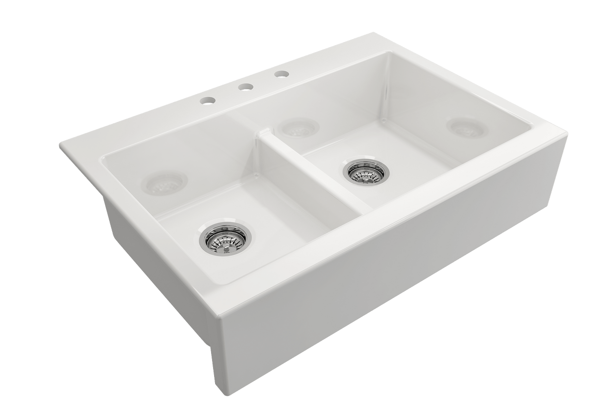 BOCCHI 1501-001-0127 Nuova Apron Front Drop-In Fireclay 34 in. 50/50 Double Bowl Kitchen Sink with Protective Bottom Grids and Strainers in White