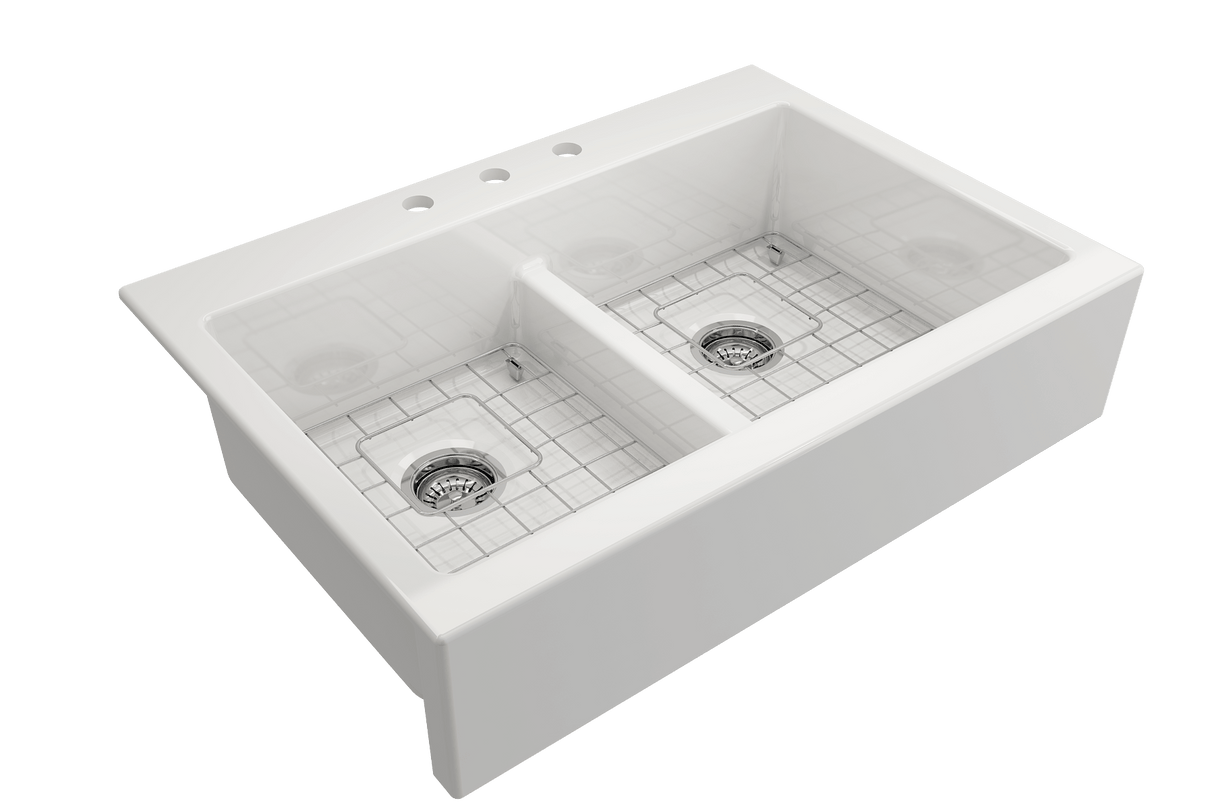 BOCCHI 1501-001-0127 Nuova Apron Front Drop-In Fireclay 34 in. 50/50 Double Bowl Kitchen Sink with Protective Bottom Grids and Strainers in White