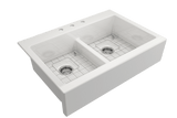 BOCCHI 1501-001-0127 Nuova Apron Front Drop-In Fireclay 34 in. 50/50 Double Bowl Kitchen Sink with Protective Bottom Grids and Strainers in White