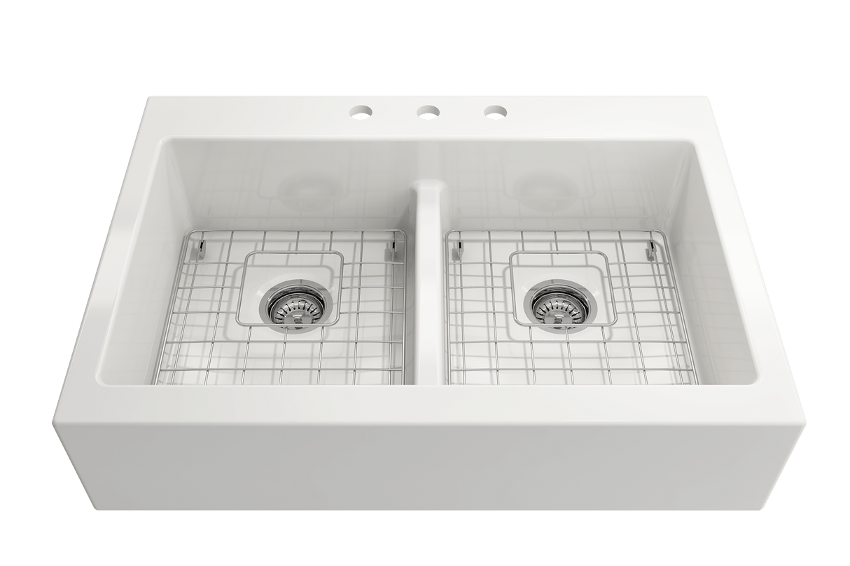 BOCCHI 1501-001-0127 Nuova Apron Front Drop-In Fireclay 34 in. 50/50 Double Bowl Kitchen Sink with Protective Bottom Grids and Strainers in White