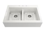 BOCCHI 1501-001-0127 Nuova Apron Front Drop-In Fireclay 34 in. 50/50 Double Bowl Kitchen Sink with Protective Bottom Grids and Strainers in White