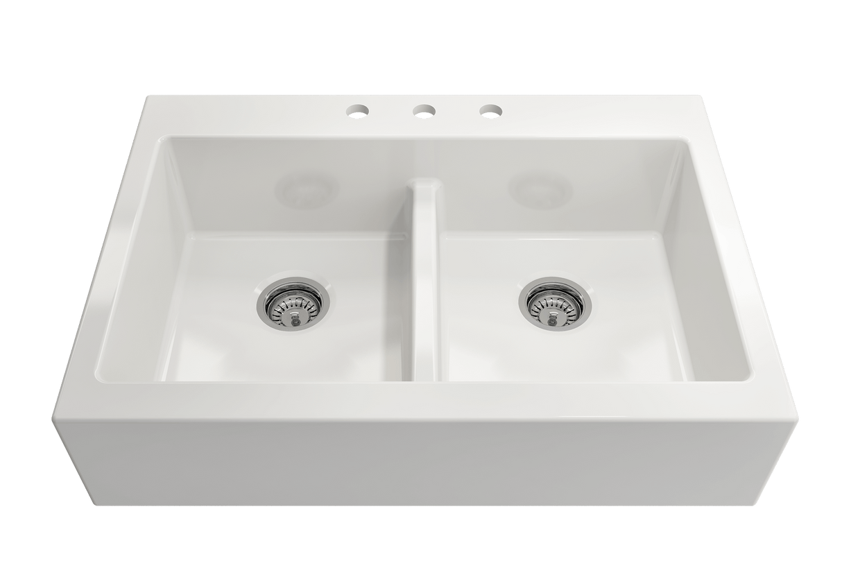 BOCCHI 1501-001-0127 Nuova Apron Front Drop-In Fireclay 34 in. 50/50 Double Bowl Kitchen Sink with Protective Bottom Grids and Strainers in White