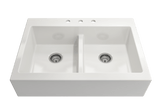 BOCCHI 1501-001-0127 Nuova Apron Front Drop-In Fireclay 34 in. 50/50 Double Bowl Kitchen Sink with Protective Bottom Grids and Strainers in White