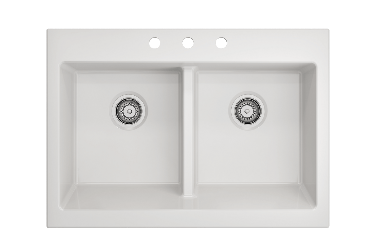 BOCCHI 1501-001-0127 Nuova Apron Front Drop-In Fireclay 34 in. 50/50 Double Bowl Kitchen Sink with Protective Bottom Grids and Strainers in White