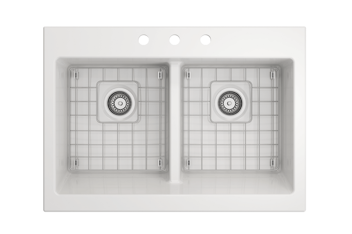 BOCCHI 1501-001-0127 Nuova Apron Front Drop-In Fireclay 34 in. 50/50 Double Bowl Kitchen Sink with Protective Bottom Grids and Strainers in White