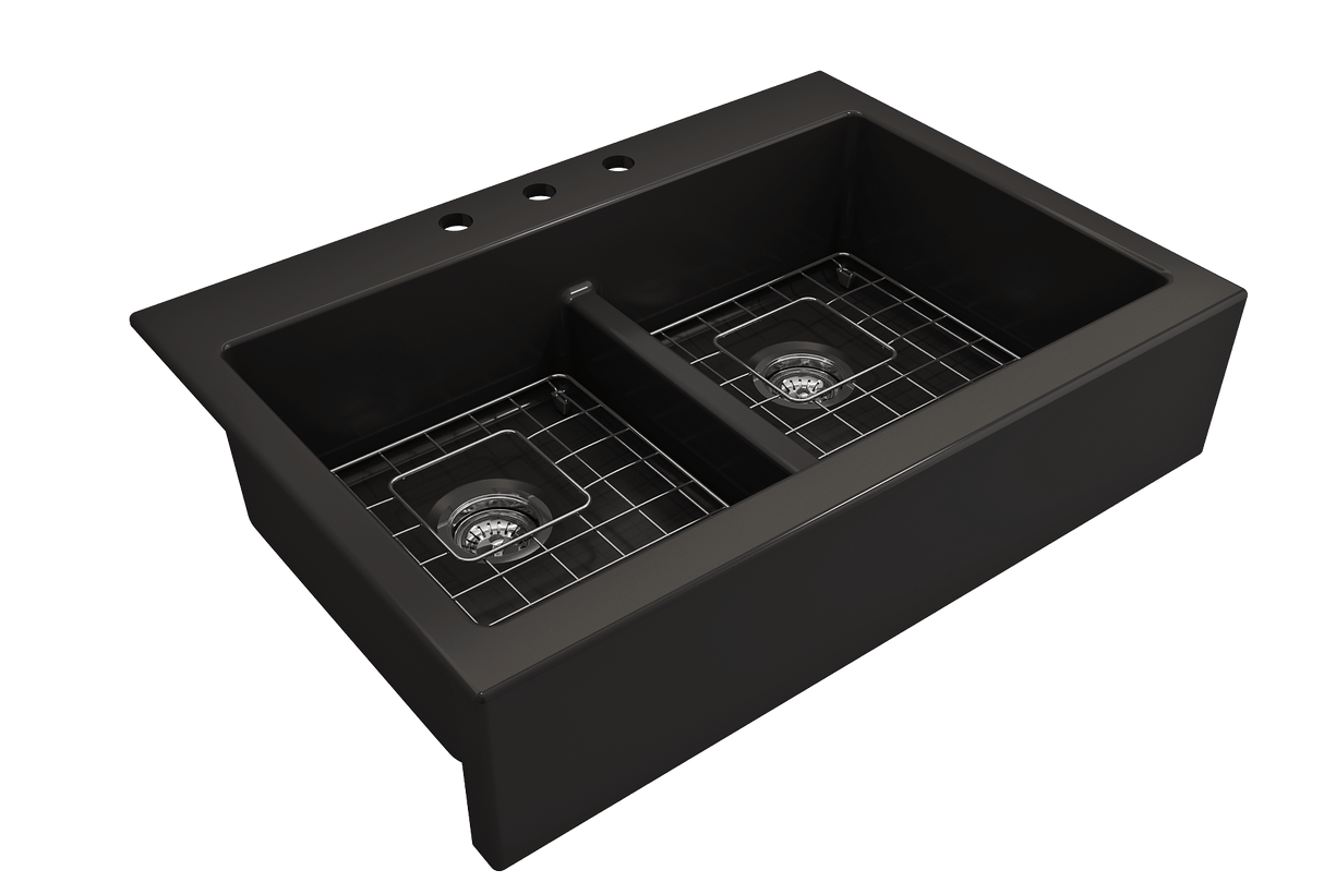 BOCCHI 1501-004-0127 Nuova Apron Front Drop-In Fireclay 34 in. 50/50 Double Bowl Kitchen Sink with Protective Bottom Grids and Strainers in Matte Black