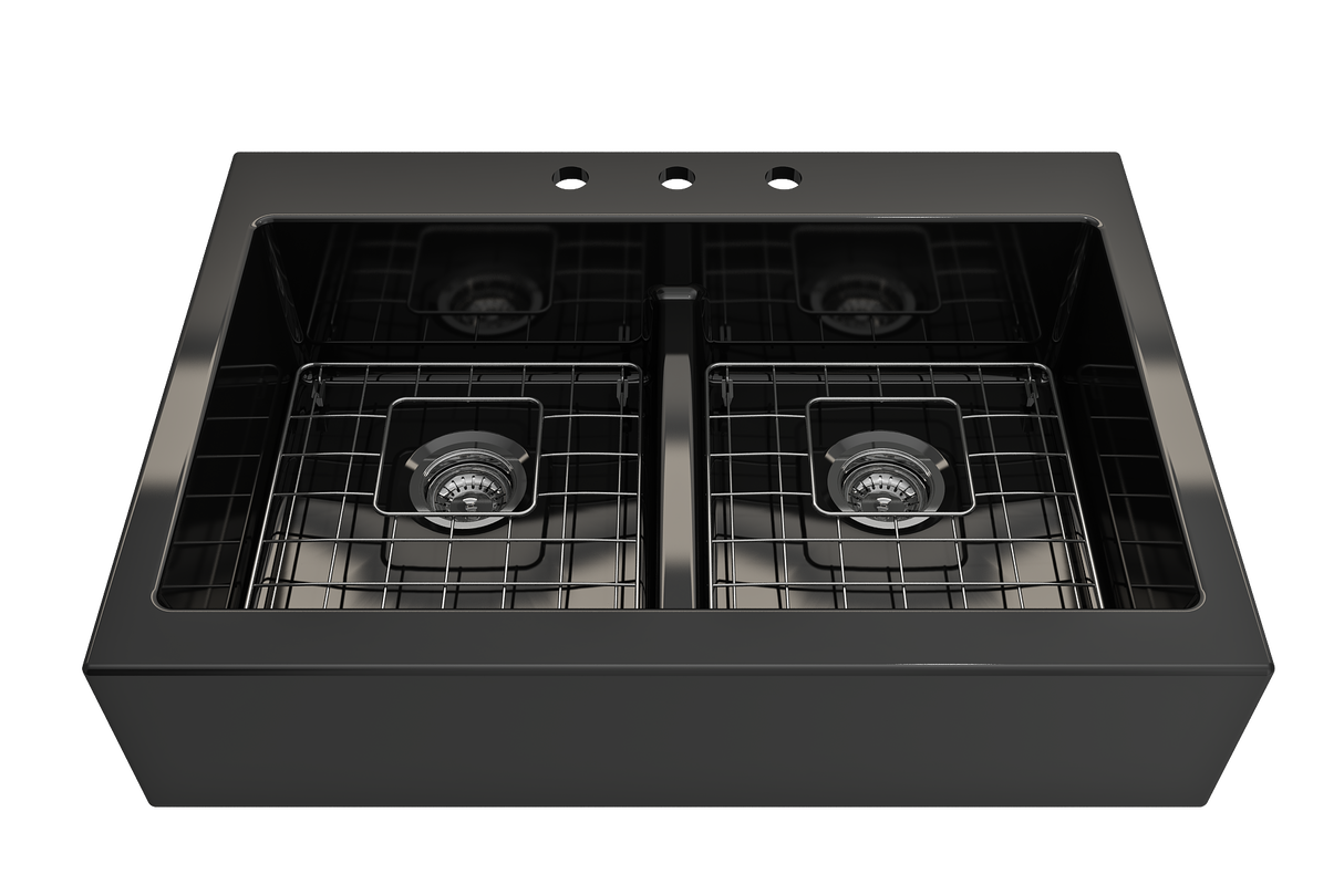 BOCCHI 1501-005-0127 Nuova Apron Front Drop-In Fireclay 34 in. 50/50 Double Bowl Kitchen Sink with Protective Bottom Grids and Strainers in Black
