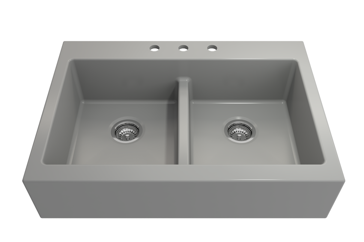 BOCCHI 1501-006-0127 Nuova Apron Front Drop-In Fireclay 34 in. 50/50 Double Bowl Kitchen Sink with Protective Bottom Grids and Strainers in Matte Gray