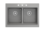 BOCCHI 1501-006-0127 Nuova Apron Front Drop-In Fireclay 34 in. 50/50 Double Bowl Kitchen Sink with Protective Bottom Grids and Strainers in Matte Gray