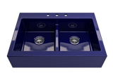 BOCCHI 1501-010-0127 Nuova Apron Front Drop-In Fireclay 34 in. 50/50 Double Bowl Kitchen Sink with Protective Bottom Grids and Strainers in Sapphire Blue