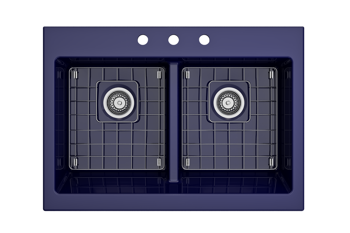 BOCCHI 1501-010-0127 Nuova Apron Front Drop-In Fireclay 34 in. 50/50 Double Bowl Kitchen Sink with Protective Bottom Grids and Strainers in Sapphire Blue