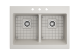 BOCCHI 1501-014-0127 Nuova Apron Front Drop-In Fireclay 34 in. 50/50 Double Bowl Kitchen Sink with Protective Bottom Grids and Strainers in Biscuit