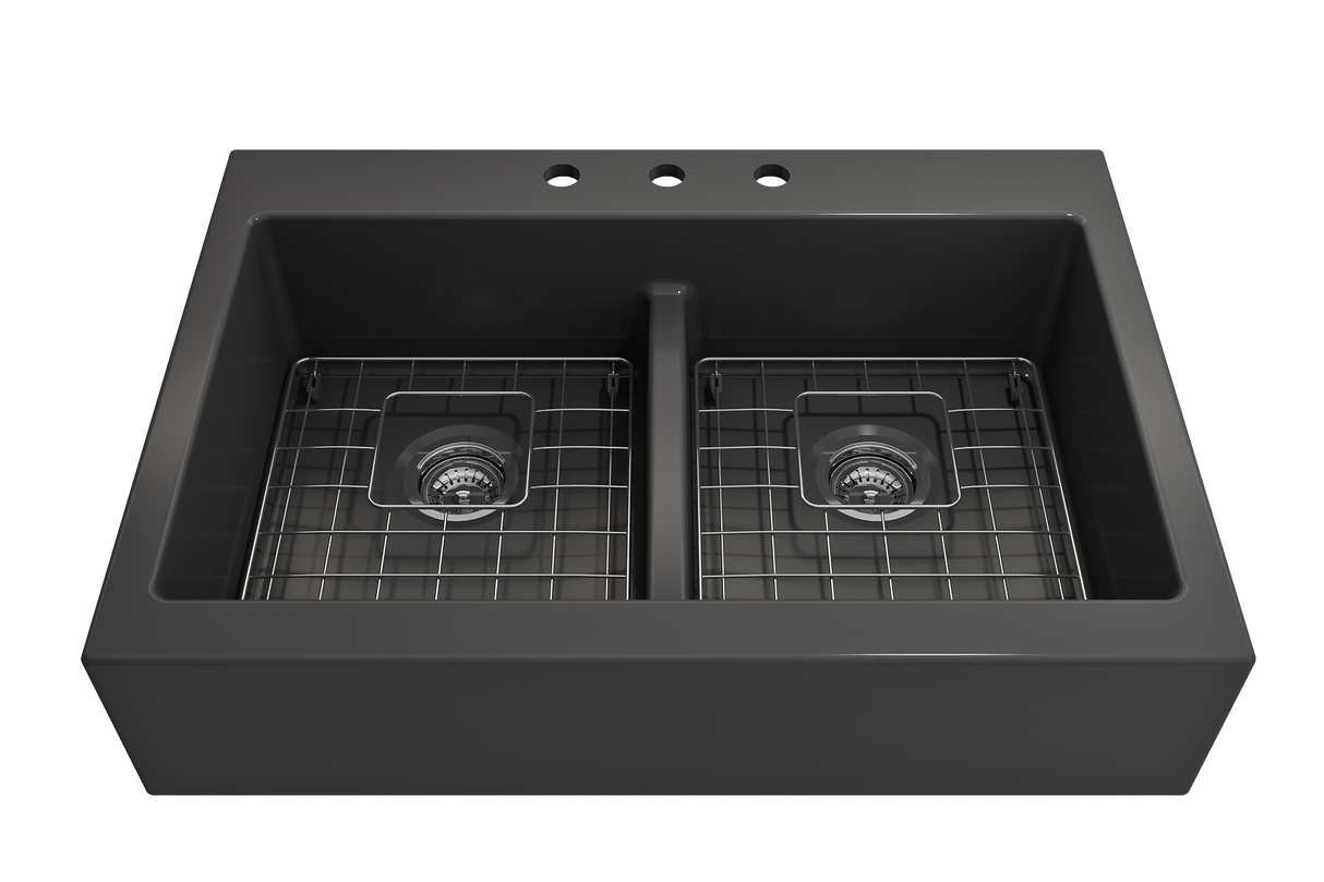 BOCCHI 1501-020-0127 Nuova Apron Front Drop-In Fireclay 34 in. 50/50 Double Bowl Kitchen Sink with Protective Bottom Grids and Strainers in Matte Dark Gray