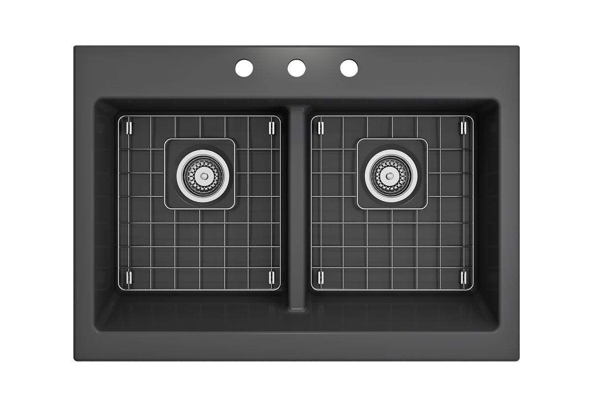 BOCCHI 1501-020-0127 Nuova Apron Front Drop-In Fireclay 34 in. 50/50 Double Bowl Kitchen Sink with Protective Bottom Grids and Strainers in Matte Dark Gray