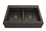 BOCCHI 1501-025-0127 Nuova Apron Front Drop-In Fireclay 34 in. 50/50 Double Bowl Kitchen Sink with Protective Bottom Grids and Strainers in Matte Brown