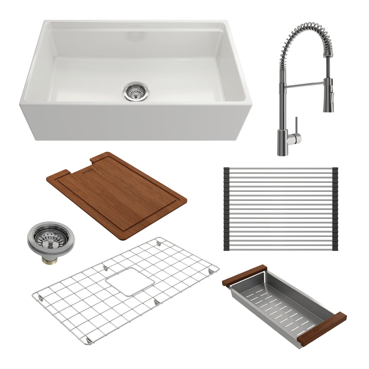 BOCCHI 1504-001-2020SS Kit: 1504 Contempo Step-Rim Apron Front Fireclay 33 in. Single Bowl Kitchen Sink with Integrated Work Station & Accessories w/ Livenza 2.0 Faucet