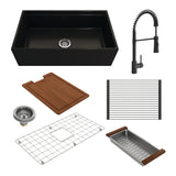 BOCCHI 1504-004-2020MB Kit: 1504 Contempo Step-Rim Apron Front Fireclay 33 in. Single Bowl Kitchen Sink with Integrated Work Station & Accessories w/ Livenza 2.0 Faucet