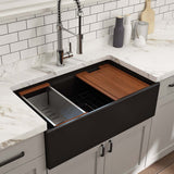 BOCCHI 1504-004-0120 Contempo Step-Rim Apron Front Fireclay 33 in. Single Bowl Kitchen Sink with Integrated Work Station & Accessories in Matte Black