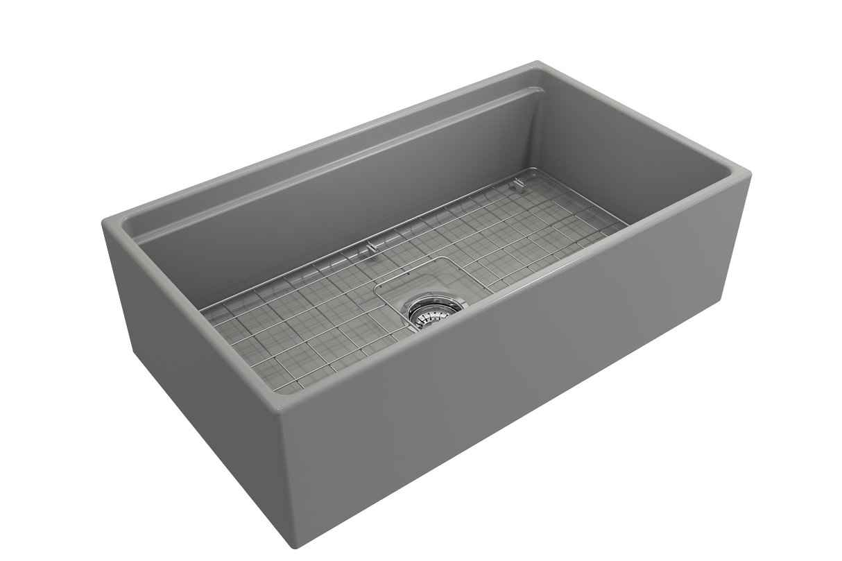 BOCCHI 1504-006-0120 Contempo Step-Rim Apron Front Fireclay 33 in. Single Bowl Kitchen Sink with Integrated Work Station & Accessories in Matte Gray