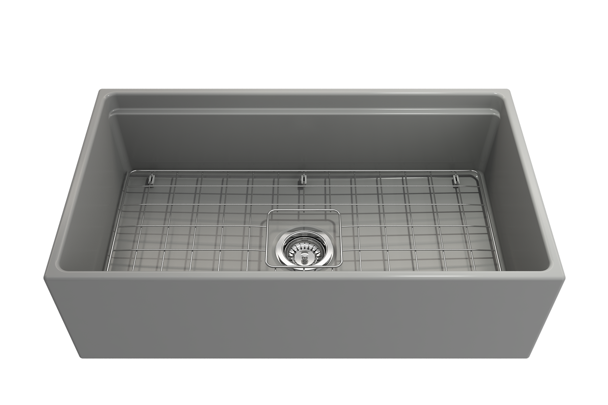 BOCCHI 1504-006-0120 Contempo Step-Rim Apron Front Fireclay 33 in. Single Bowl Kitchen Sink with Integrated Work Station & Accessories in Matte Gray