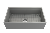 BOCCHI 1504-006-0120 Contempo Step-Rim Apron Front Fireclay 33 in. Single Bowl Kitchen Sink with Integrated Work Station & Accessories in Matte Gray