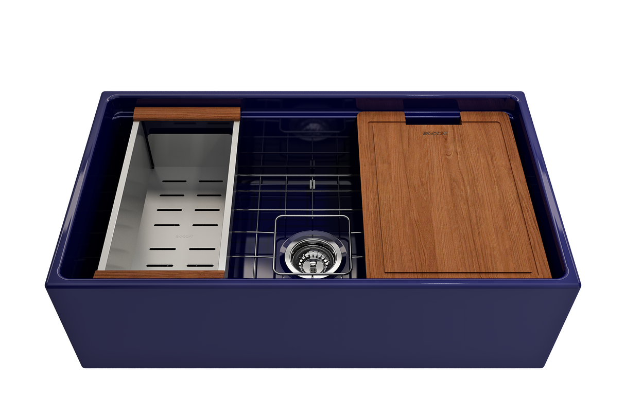 BOCCHI 1504-010-0120 Contempo Step-Rim Apron Front Fireclay 33 in. Single Bowl Kitchen Sink with Integrated Work Station & Accessories in Sapphire Blue