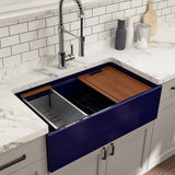 BOCCHI 1504-010-0120 Contempo Step-Rim Apron Front Fireclay 33 in. Single Bowl Kitchen Sink with Integrated Work Station & Accessories in Sapphire Blue