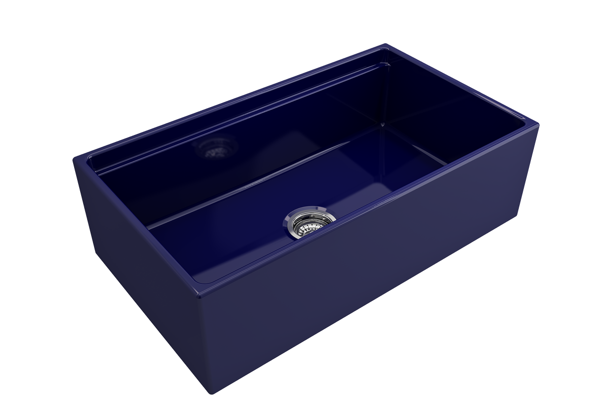 BOCCHI 1504-010-0120 Contempo Step-Rim Apron Front Fireclay 33 in. Single Bowl Kitchen Sink with Integrated Work Station & Accessories in Sapphire Blue