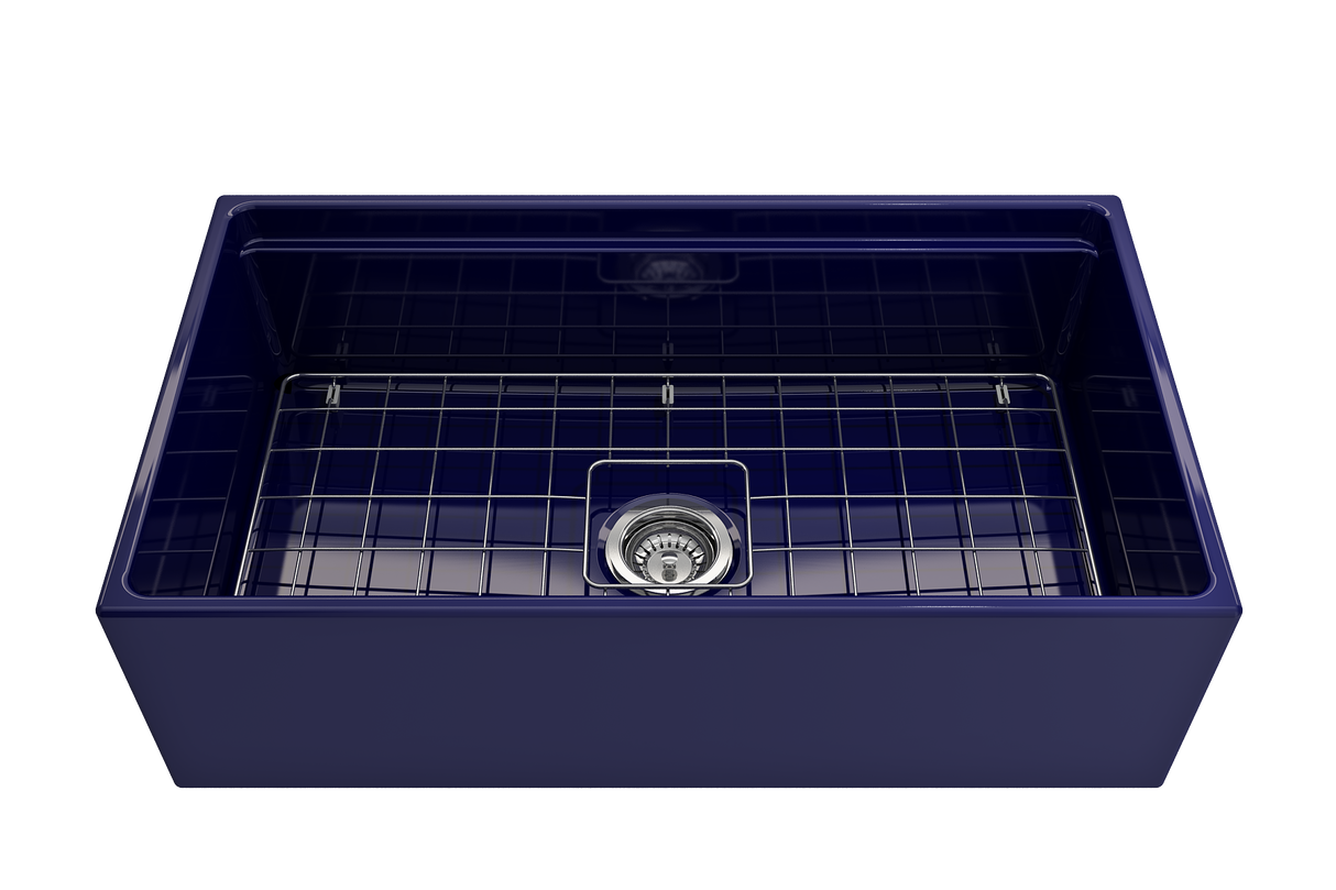 BOCCHI 1504-010-0120 Contempo Step-Rim Apron Front Fireclay 33 in. Single Bowl Kitchen Sink with Integrated Work Station & Accessories in Sapphire Blue