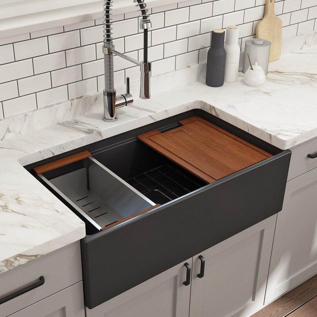 BOCCHI 1504-020-0120 Contempo Step-Rim Apron Front Fireclay 33 in. Single Bowl Kitchen Sink with Integrated Work Station & Accessories in Matte Dark Gray