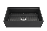 BOCCHI 1504-020-0120 Contempo Step-Rim Apron Front Fireclay 33 in. Single Bowl Kitchen Sink with Integrated Work Station & Accessories in Matte Dark Gray