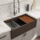 BOCCHI 1504-025-0120 Contempo Step-Rim Apron Front Fireclay 33 in. Single Bowl Kitchen Sink with Integrated Work Station & Accessories in Matte Brown