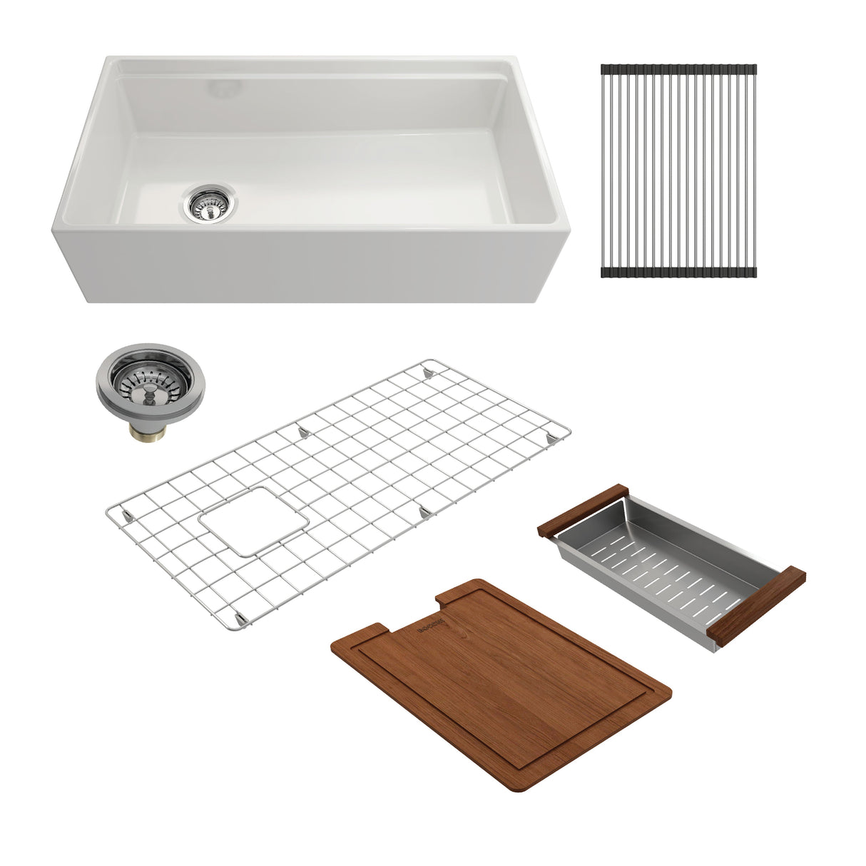 BOCCHI 1505-001-2020CH Kit: 1505 Contempo Step-Rim Apron Front Fireclay 36 in. Single Bowl Kitchen Sink with Integrated Work Station & Accessories w/ Livenza 2.0 Faucet