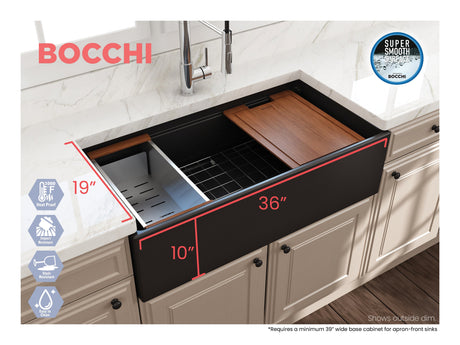 BOCCHI 1505-004-2020MB Kit: 1505 Contempo Step-Rim Apron Front Fireclay 36 in. Single Bowl Kitchen Sink with Integrated Work Station & Accessories w/ Livenza 2.0 Faucet