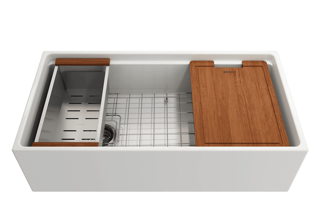BOCCHI 1505-001-0120 Contempo Step-Rim Apron Front Fireclay 36 in. Single Bowl Kitchen Sink with Integrated Work Station & Accessories in White