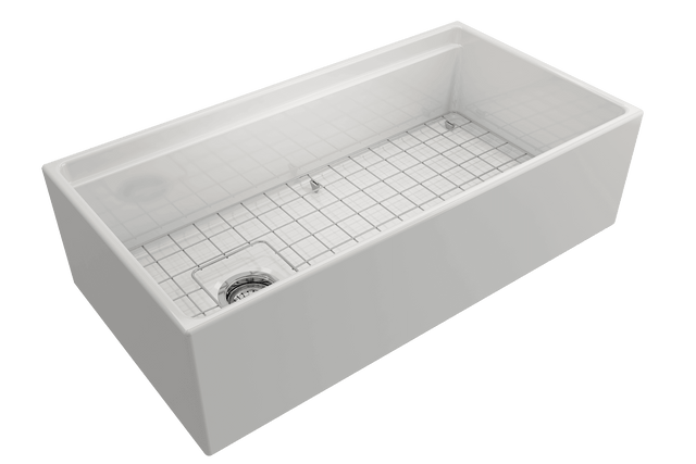 BOCCHI 1505-001-0120 Contempo Step-Rim Apron Front Fireclay 36 in. Single Bowl Kitchen Sink with Integrated Work Station & Accessories in White