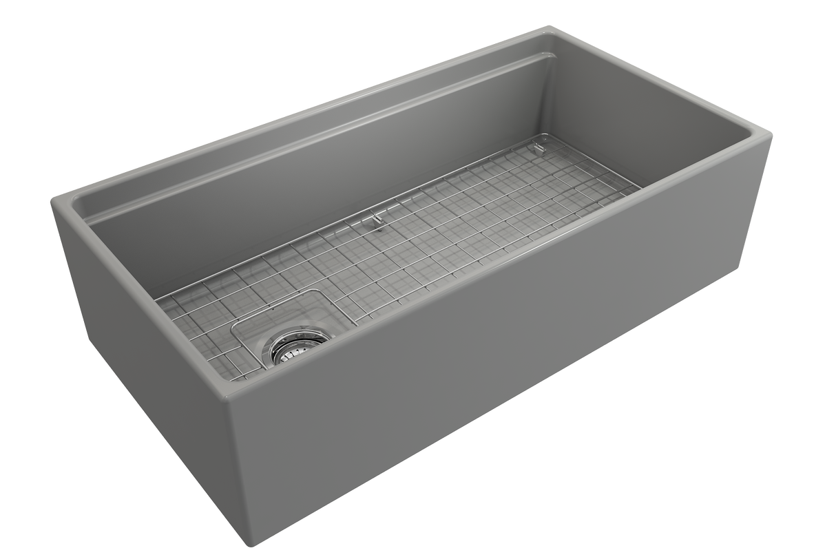 BOCCHI 1505-006-0120 Contempo Step-Rim Apron Front Fireclay 36 in. Single Bowl Kitchen Sink with Integrated Work Station & Accessories in Matte Gray