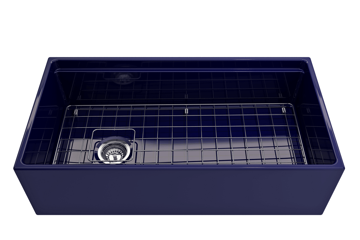 BOCCHI 1505-010-0120 Contempo Step-Rim Apron Front Fireclay 36 in. Single Bowl Kitchen Sink with Integrated Work Station & Accessories in Sapphire Blue