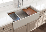 BOCCHI 1505-014-0120 Contempo Step-Rim Apron Front Fireclay 36 in. Single Bowl Kitchen Sink with Integrated Work Station & Accessories in Biscuit