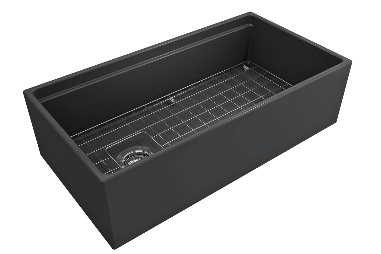BOCCHI 1505-020-0120 Contempo Step-Rim Apron Front Fireclay 36 in. Single Bowl Kitchen Sink with Integrated Work Station & Accessories in Matte Dark Gray