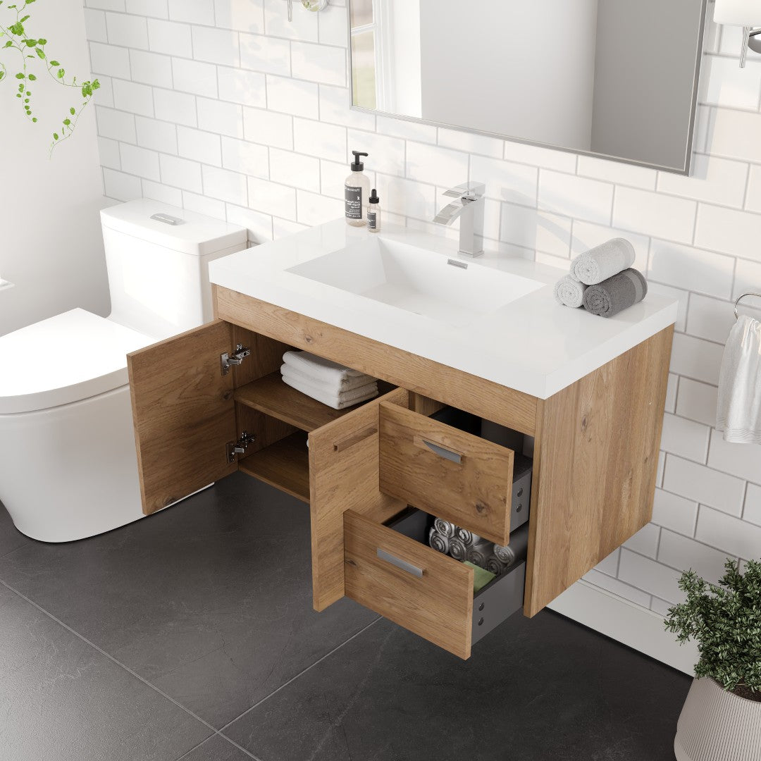 Lugano 36 in. Natural Oak Wall Mount Single Sink Bath Vanity with Acrylic Top and Integrated Sink